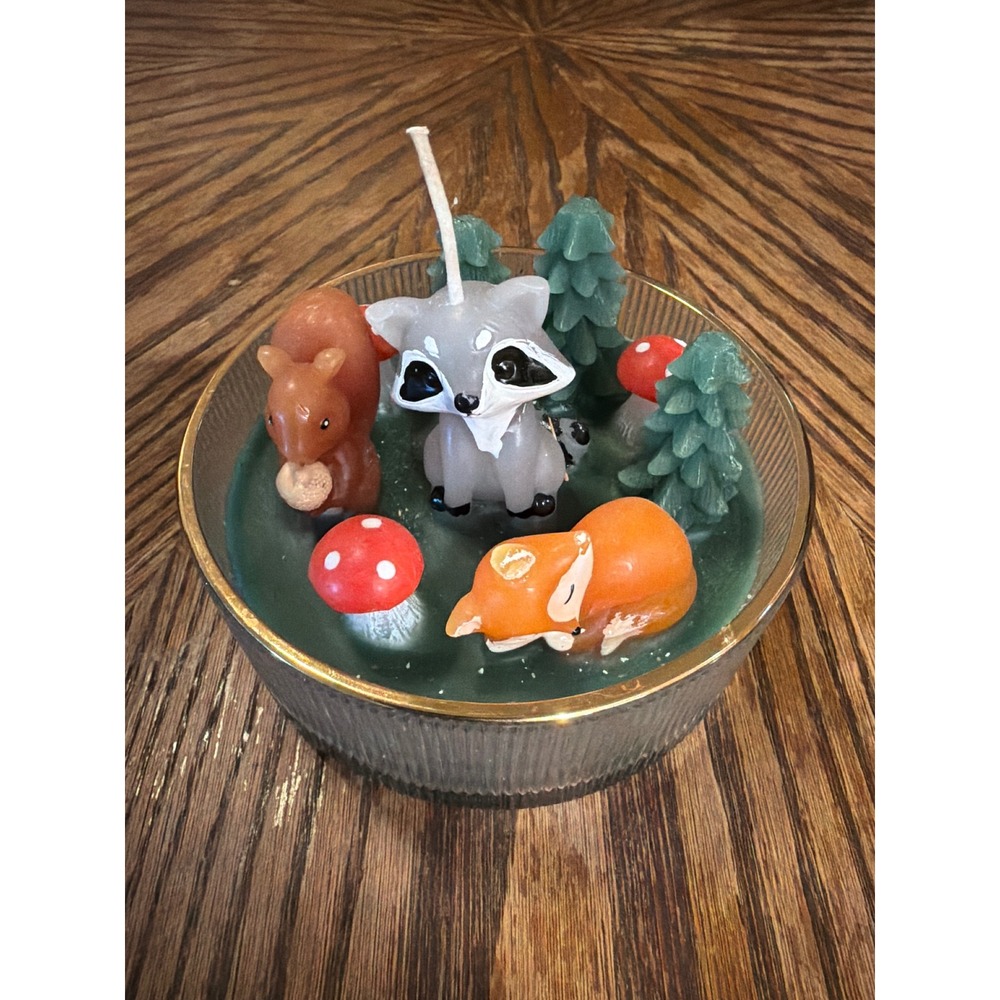 Forest Friends Woodland Animal Candle Raccoon Fox Squirrel Mushroom Glass Bowl